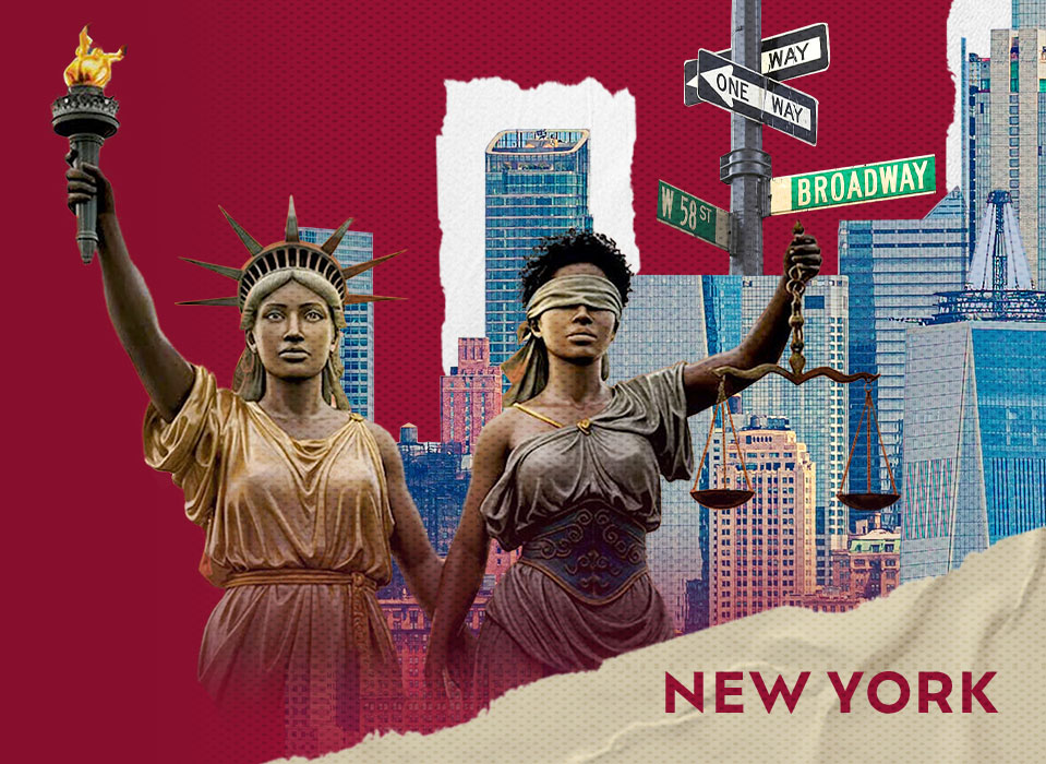Collage of NYC landmarks and symbols.